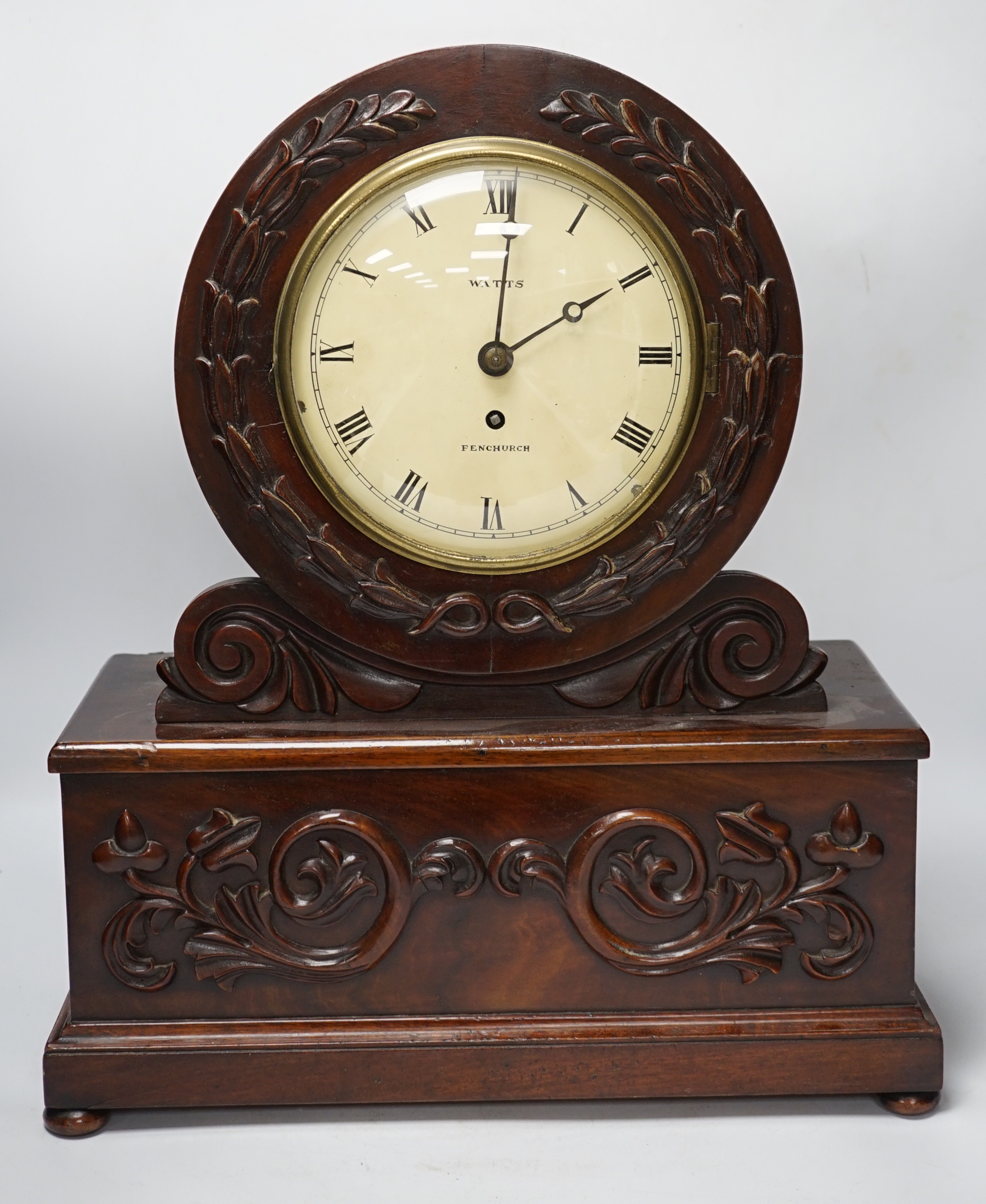 A 19th century mahogany mantel timepiece, enamelled dial signed Watts, Fenchurch, 48cm high